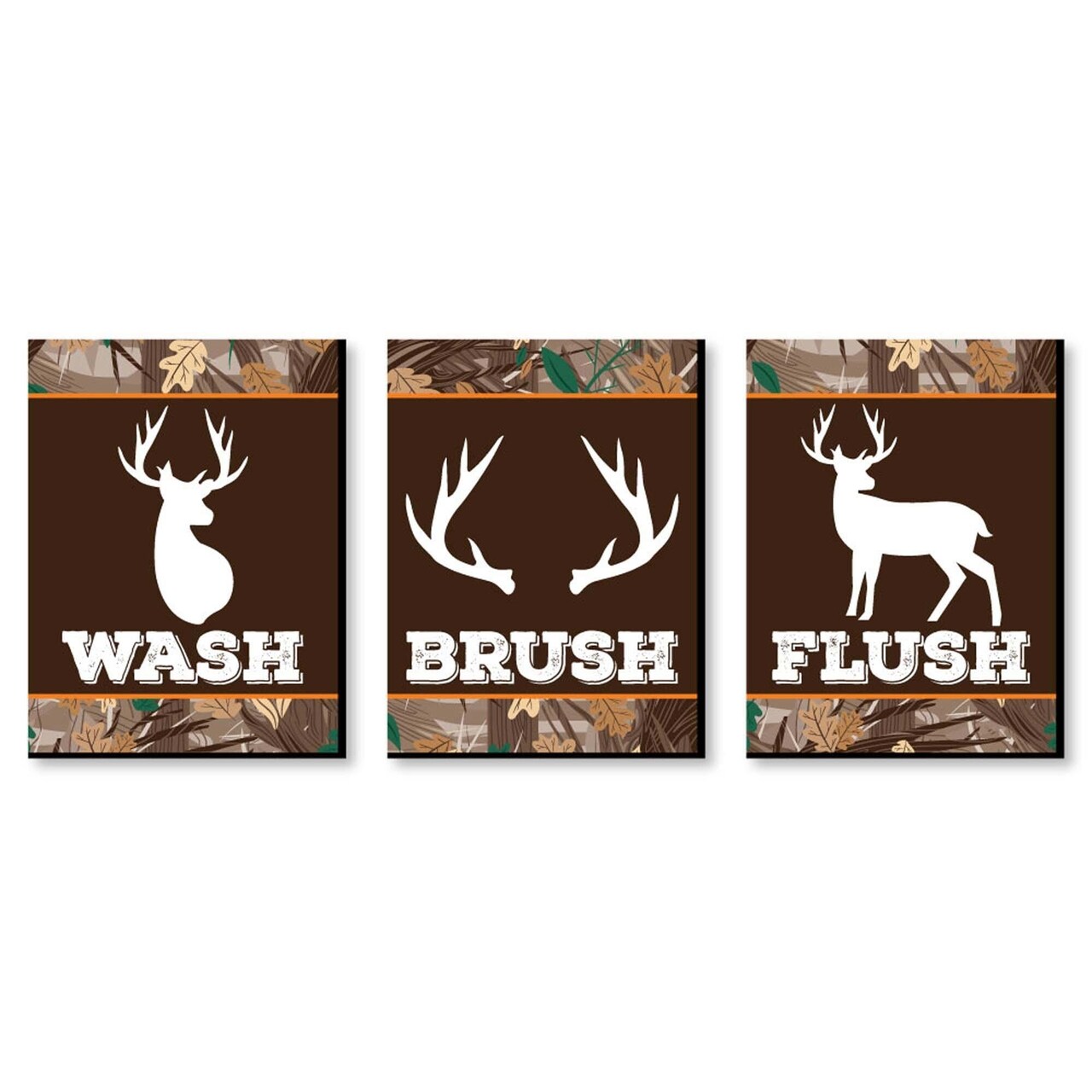 Big Dot of Happiness Gone Hunting - Kids Bathroom Rules Wall Art - 7.5 x 10 inches - Set of 3 Signs - Wash, Brush, Flush